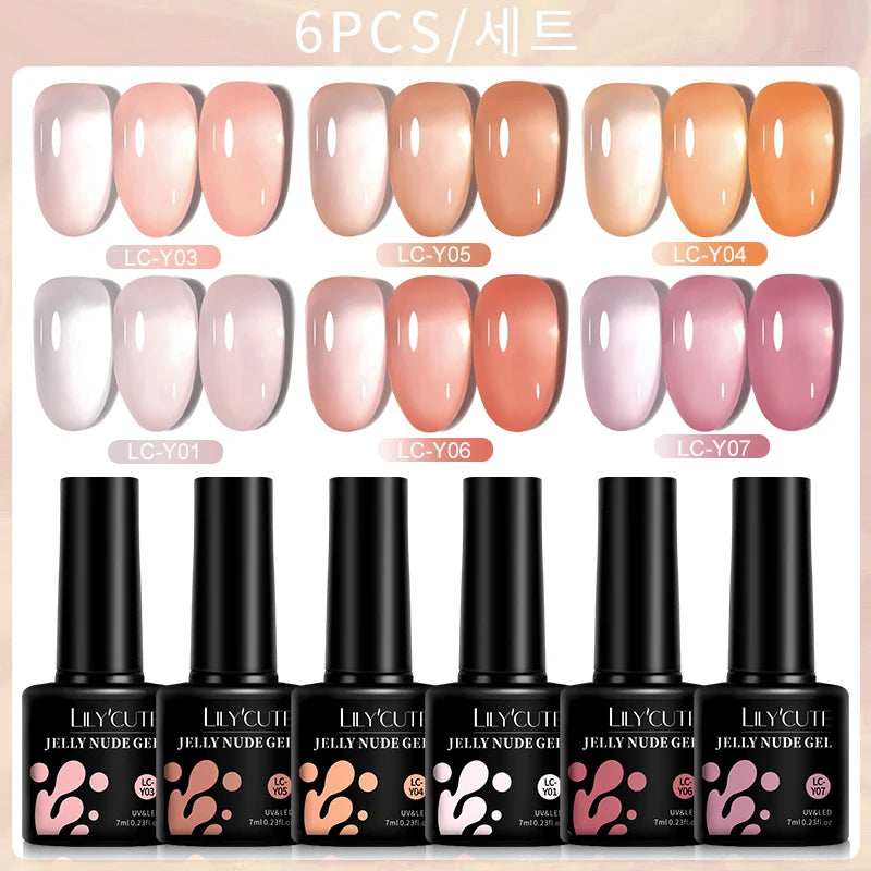 LILYCUTE 6PCS Translucent Jelly Gel Nail Polish Set – Nude Pink Semi-Permanent Soak-Off UV Gel