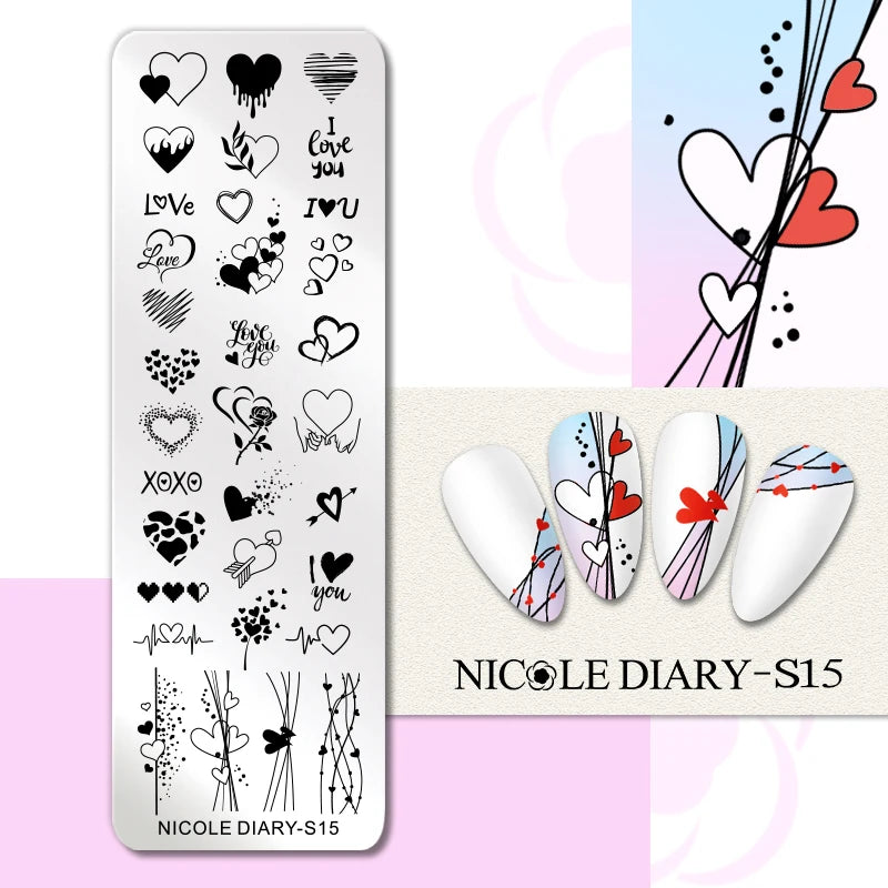 NICOLE DIARY Nail Stamping Plate – Leaves, Flowers, Geometric Stripes & More- Nail Art Stencil