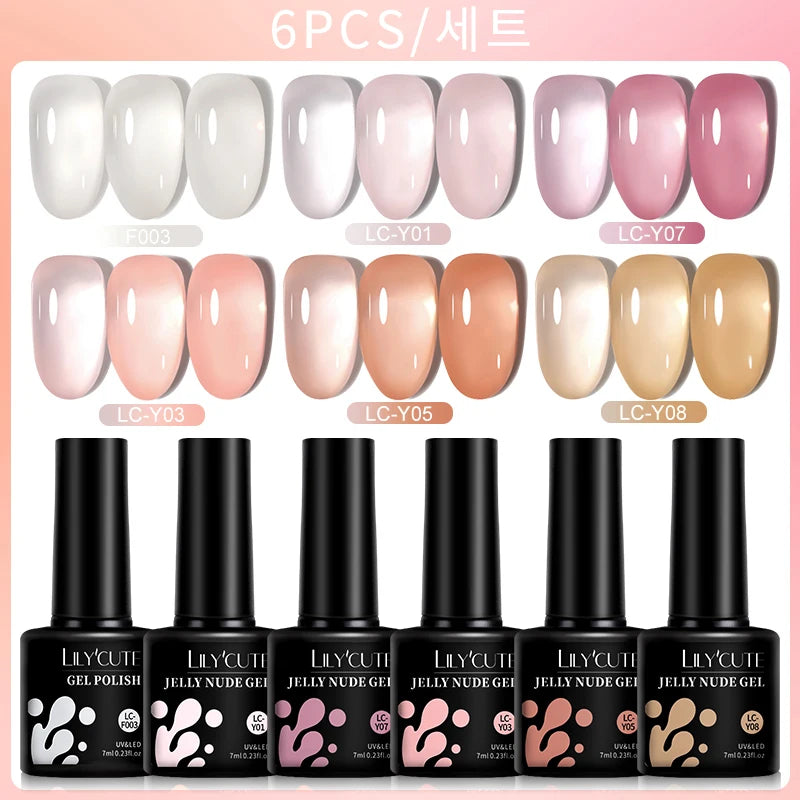 LILYCUTE 6PCS Translucent Jelly Gel Nail Polish Set – Nude Pink Semi-Permanent Soak-Off UV Gel