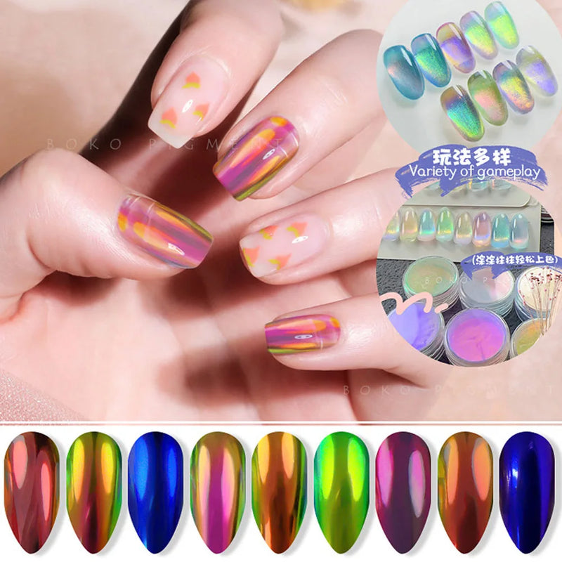 9 Colours Magic Aurora Chrome Nail Powder – Neon Chameleon Mirror Effect Glitter