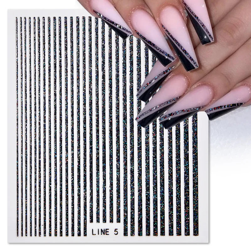 White & Black French Line Nail Stickers – 3D Gradient Stripe Sliders for Elegant Nail Art