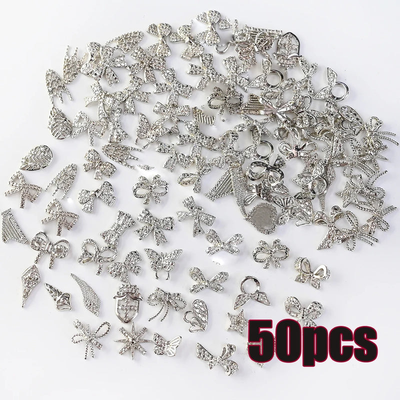 50pcs Random Luxury Nail Art Dangle Charms – Heart Bowknot Tassel Alloy 3D Nail Jewellery