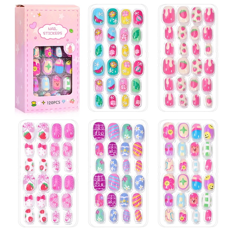 120PCS Pink Cartoon Press-On Nails for Kids – Unicorn, Cat, Bunny Full Cover False Nails