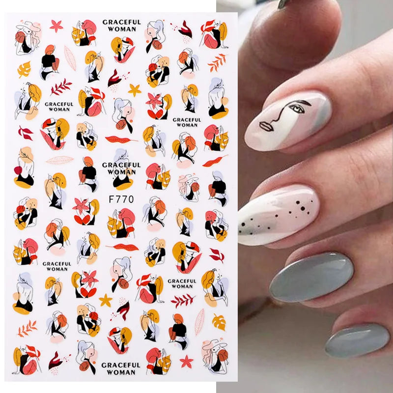 3D Fashion Poster Portrait Flower Nail Art Stickers – DIY Nail Decals