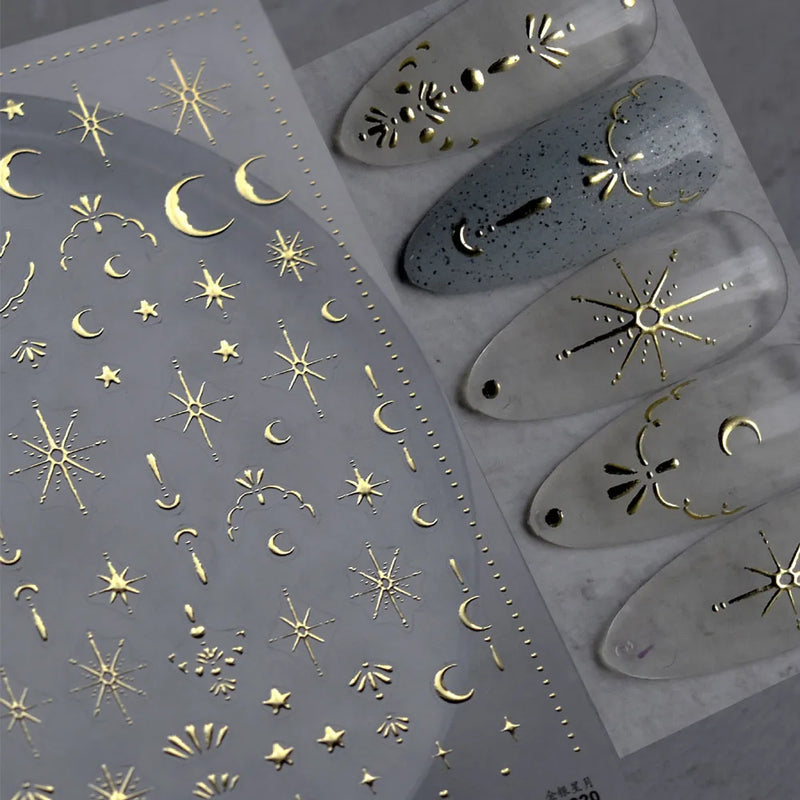 3D Gold Sun/Moon/Star Bronzing Nail Art Stickers – Gold & Silver Self-Adhesive Decals