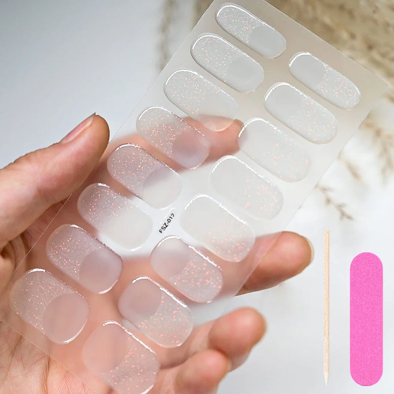 16Tips White French Semi-Cured Gel Nail Stickers – Full Cover UV Gel Nail Wraps for DIY Manicure