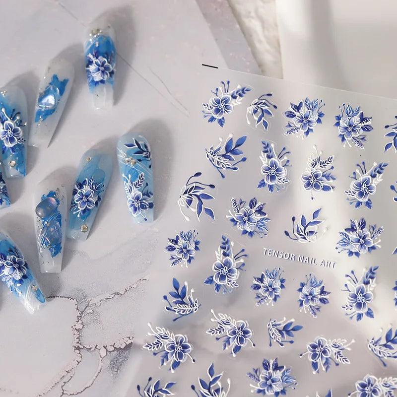 Acrylic Engraved Nail Sticker Holographi Blue Flowers Gold Line Self-Adhesive Nail Transfer Sliders