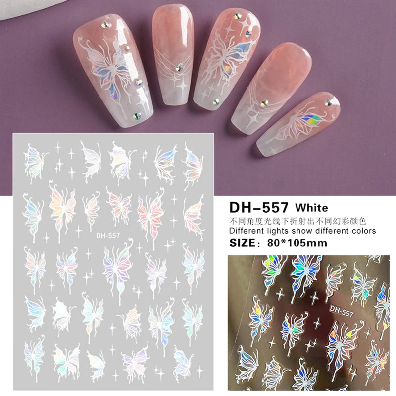 Metallic Black Butterfly 3D Nail Stickers – Dark Style Charms, Lace, Moon & Star Foil Decals