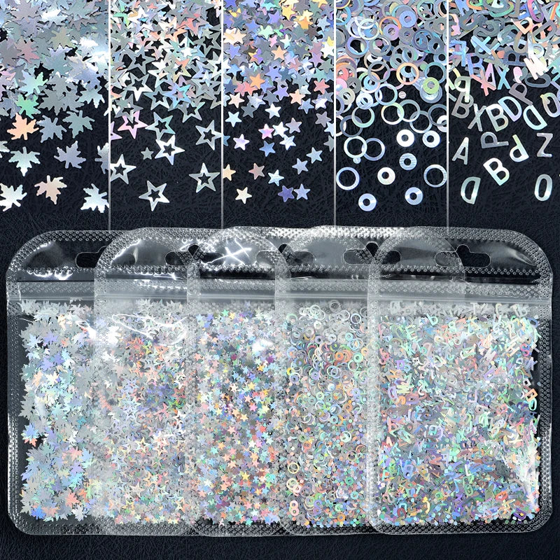 Holographic Laser Silver Nail Art Glitter Flakes Butterfly Love Heart Letter Shaped Sequins Nails