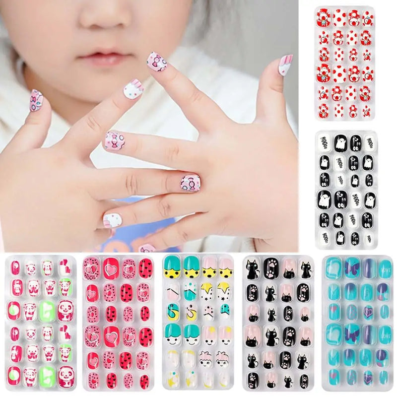 24Pcs Kids Press-On Nails – Cartoon Style, Full Cover Fake Nails, Stick-On Nail Decor for Girls