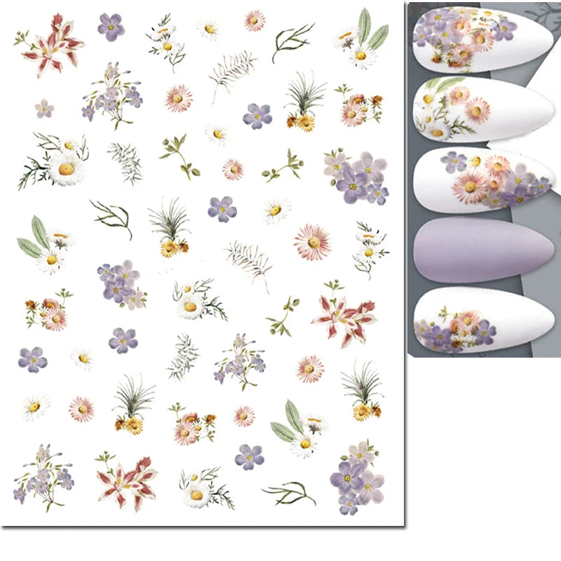 3d Nail Art Decals Summer Daisy Fruits White Florals Petals Flowers Adhesive Sliders Nail Stickers