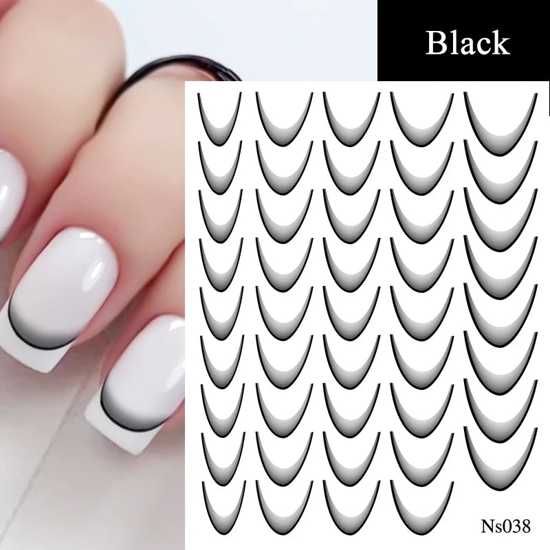 White & Black French Line Nail Stickers – 3D Gradient Stripe Sliders for Elegant Nail Art