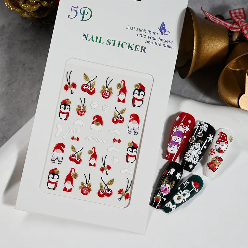 Christmas Nail Art Stickers – 3D Santa Claus & Elk Snowflake Decals for Festive Manicures